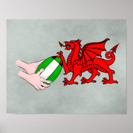Póster Wales Rugby Team Dragon con bola de rugby