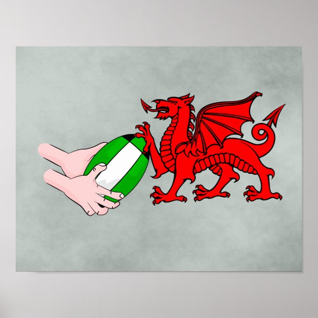 Póster Wales Rugby Team Dragon con bola de rugby (Frente)