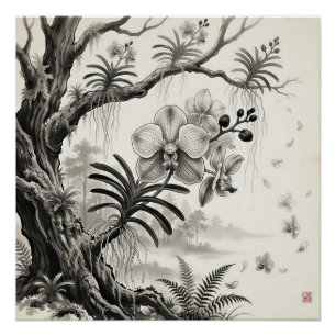 Póster Waling-Waling — Reina Orquídea de Filipinas Sumi-e