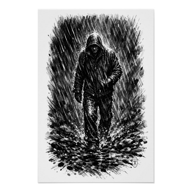 Póster Walker in the Rain – Haunted Ink Illustration (Anverso)