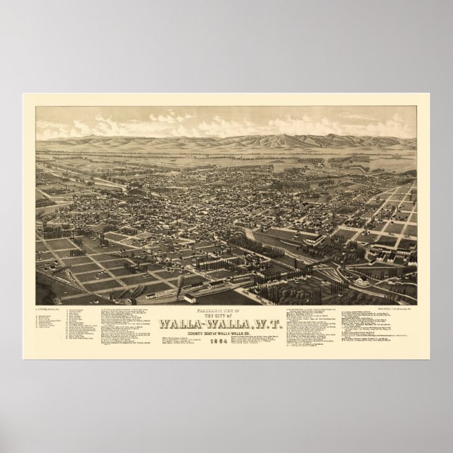 Póster Walla Walla, WA Panoramic Map - 1884 (Frente)