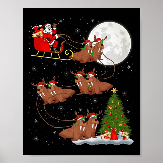 Póster Walrus Santa Sleigh Flying Funny Magical Christmas (Frente)