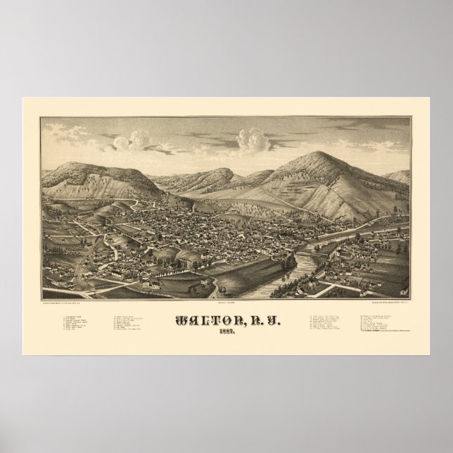 Póster Walton, Mapa Panorámico de Nueva York - 1887 (Frente)
