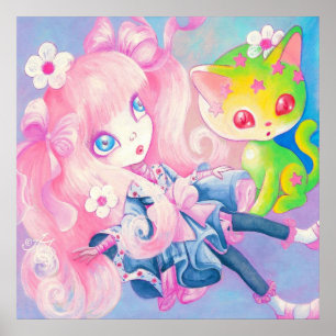 Póster Wamono Chica japonés con Kawaii Kitten ~
