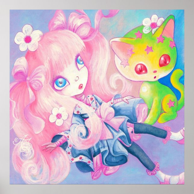 Póster Wamono Chica japonés con Kawaii Kitten ~ (Frente)