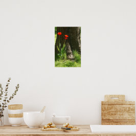 Póster Wanddruck mit roten Tulpen am Baumstamm