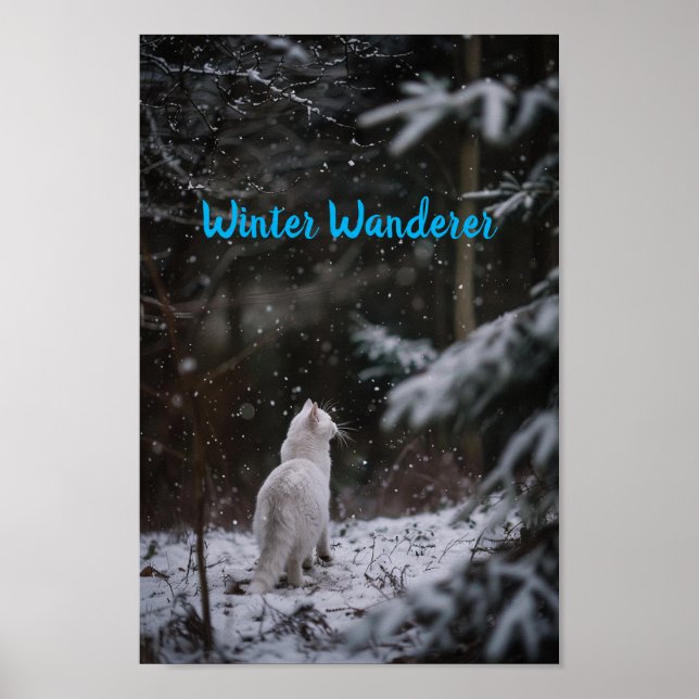 Póster Wander de invierno: Gato blanco en la nieve (Frente)