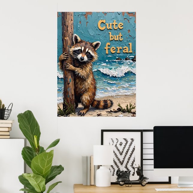 Póster Wanderer de la playa: Raccoon en el post (Oficina en casa)