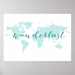 Póster Wanderlust, deseo de viajar, mapa del mundo verde
