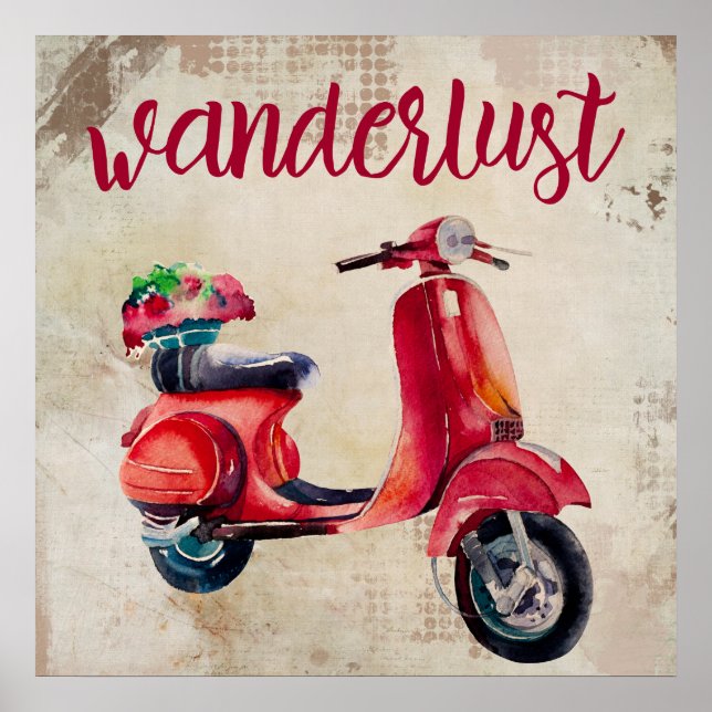 Póster Wanderlust - Red Watercolor Moped (Frente)