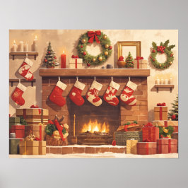 Póster Warm Christmas Fireplace Scene