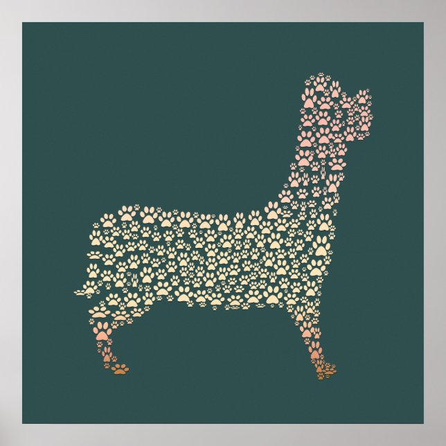 Póster Warm Gold Gradient Paw Print Dog Silhouette Fabric (Frente)