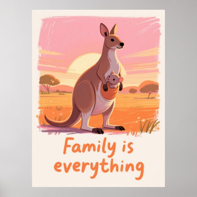 Póster Warm Kangaroo Family Sunset Art (Frente)