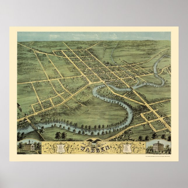 Póster Warren, OH Mapa Panorámico - 1870 (Frente)