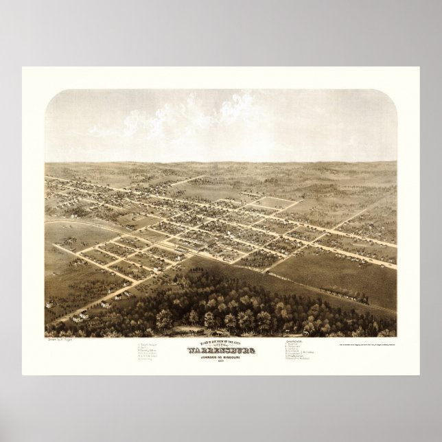 Póster Warrensburg, Mapa Panorámico MO - 1869 (Frente)