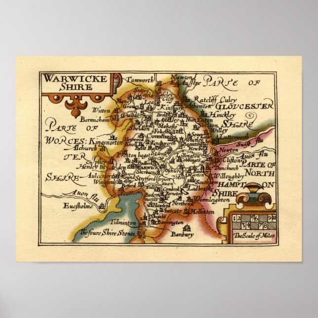 Póster Warwickshire County England Mapa anticuario antigu (Frente)