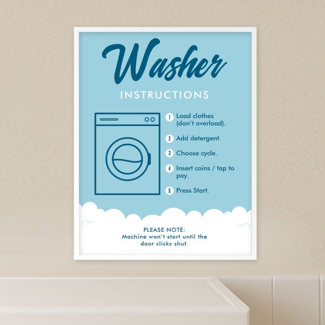 Póster Washer Instructions Modern Laundromat Sign Poster (Fully editable blue and white laundromat washer instructions poster template)