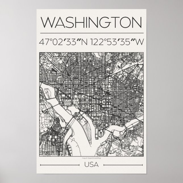 Póster Washington DC Charcoal City Map Poster ModernUrban (Frente)