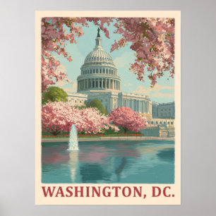 Póster Washington DC - Flores de cerezo y edificio del Ca