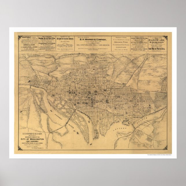 Póster Washington DC & Suburbs Map by Gedney 1886 (Frente)