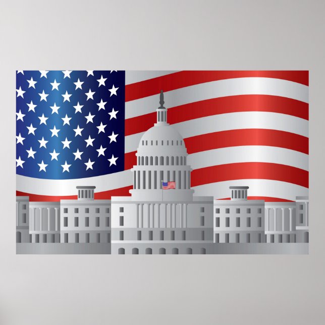 Póster Washington DC US Capitol Building with US Flag (Frente)