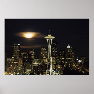 Póster Washington, Seattle, Skyline de noche desde el 2 d