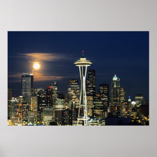 Póster Washington, Seattle, Skyline de noche desde Kerry