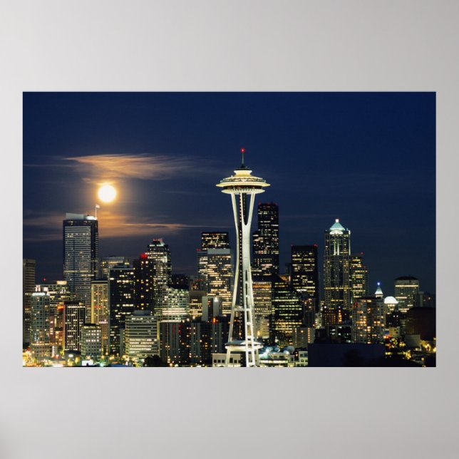 Póster Washington, Seattle, Skyline de noche desde Kerry  (Frente)