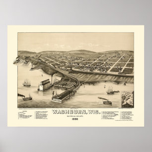 Póster Washington, WI Mapa Panorámico - 1886