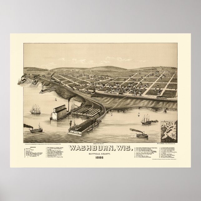 Póster Washington, WI Mapa Panorámico - 1886 (Frente)