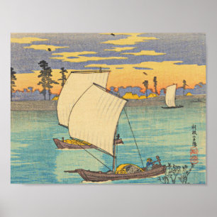 Póster Watanabe Shotei y el atardecer en el río Tone