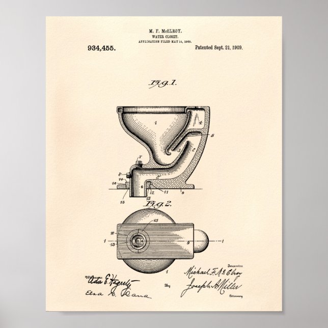 Póster Water Closet 1909 Patent Art Old Peper (Frente)