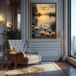 Póster Water Lily Pond al atardecer al estilo impresionis