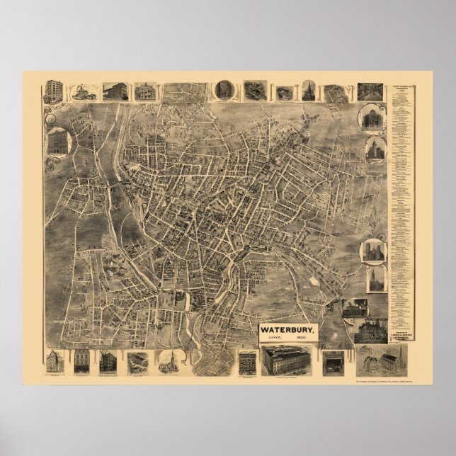Póster Waterbury, CT Panoramic Map - 1899