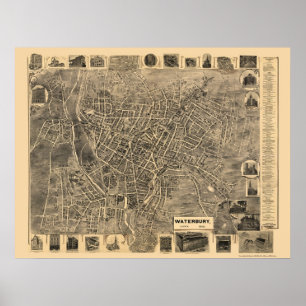 Póster Waterbury, mapa panorámico del CT - 1899