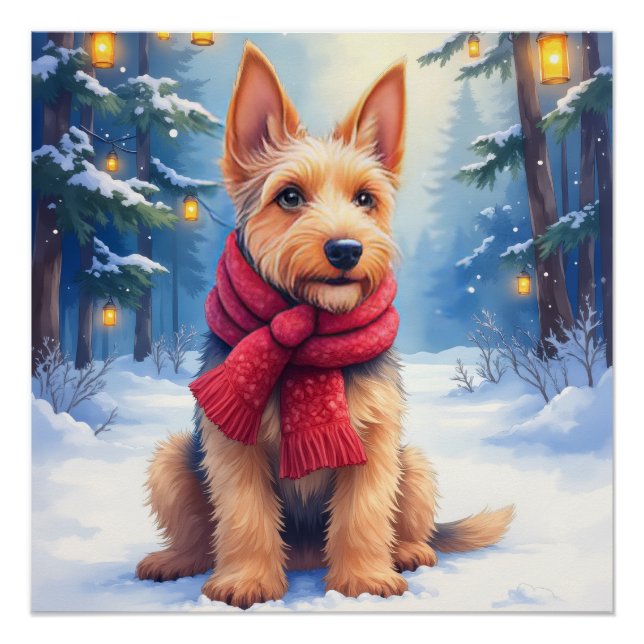 Póster Watercolor Airedale Terrier Snowy Christmas (Anverso)