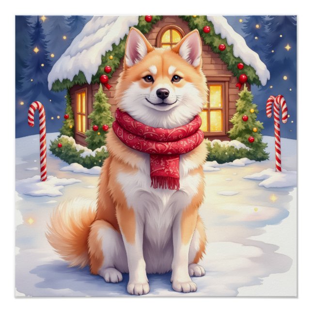 Póster Watercolor Akita Gingerbread House Christmas  (Anverso)