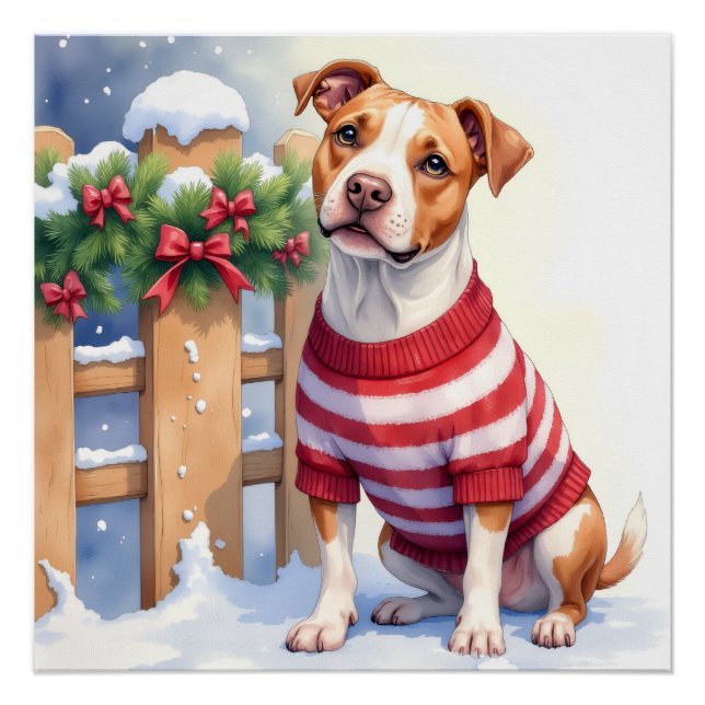 Póster Watercolor American Pit Bull Terrier Festive (Anverso)