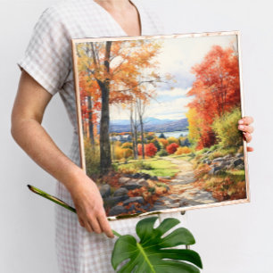 Póster Watercolor Art Autumn Forest En Vermont