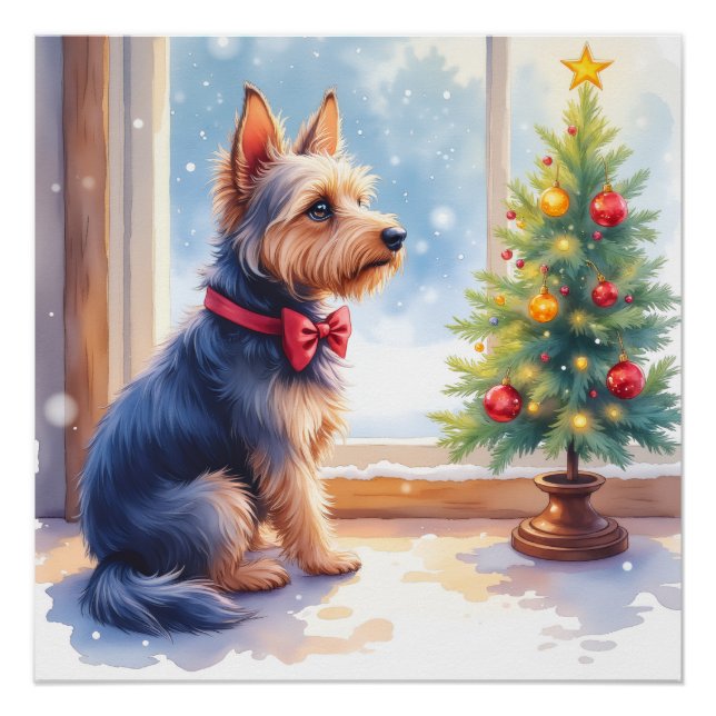 Póster Watercolor Australian Terrier Tabletop Christmas (Anverso)
