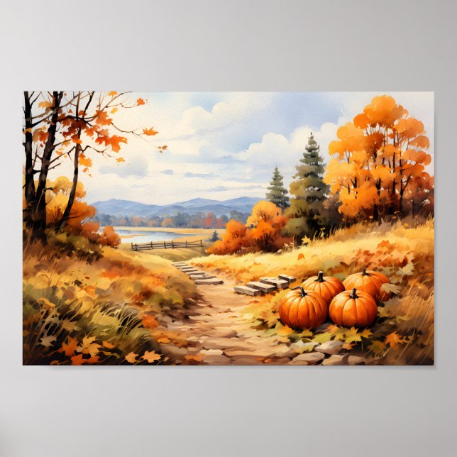 Póster Watercolor Autumn Road Pumpkin Caída Saltos (Frente)