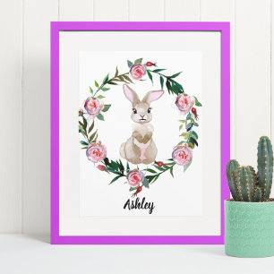 Póster Watercolor Baby Bunny Nursery Flower Woodland