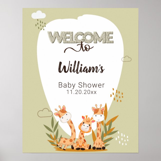 Póster Watercolor Baby Giraffe, Bienvenidos A Baby Shower (Frente)