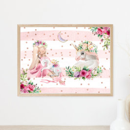 Póster Watercolor Ballerina y Unicornios