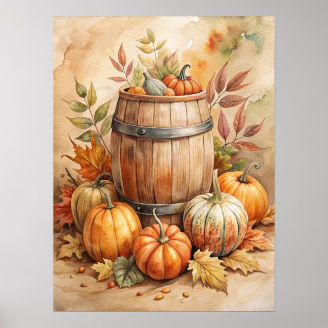 Póster Watercolor Barrel with Pumpkins Fall (Frente)