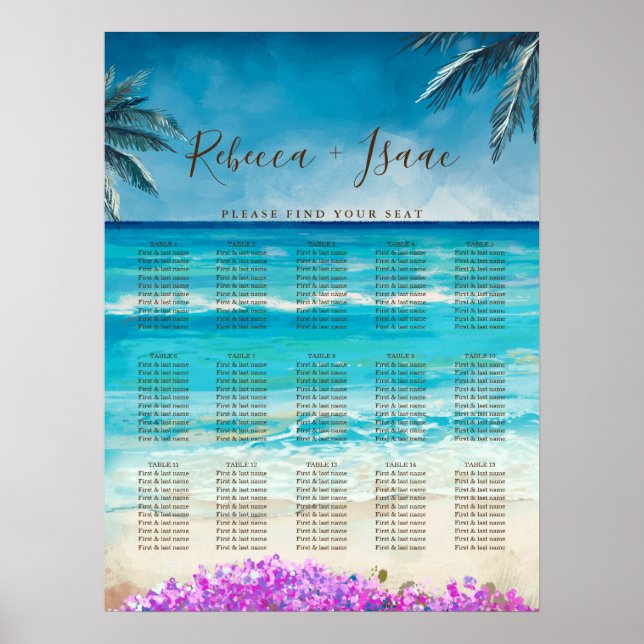 Póster Watercolor Beach Blue Ocean Boda (Frente)