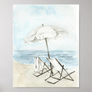 Póster Watercolor Beach Chairs and Umbrella