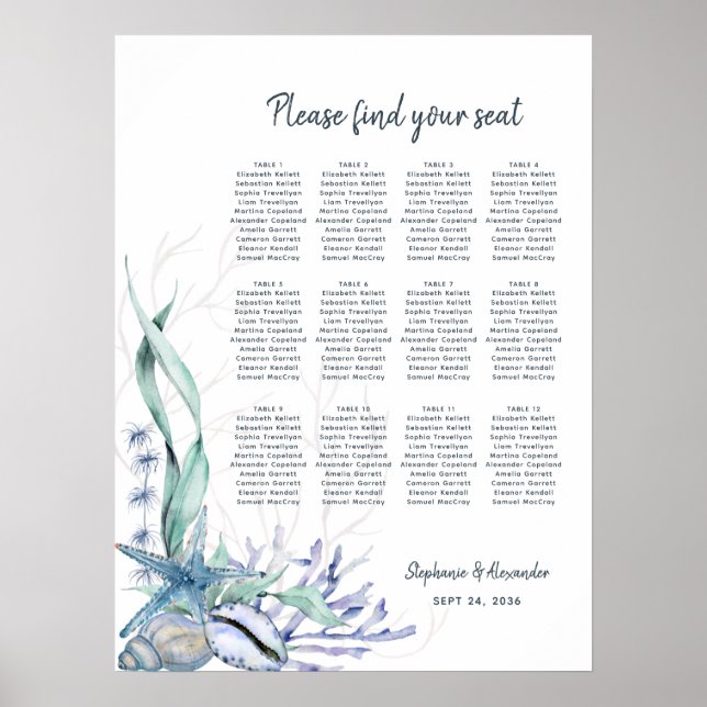 Póster Watercolor Beach Ocean Blue Boda (Frente)