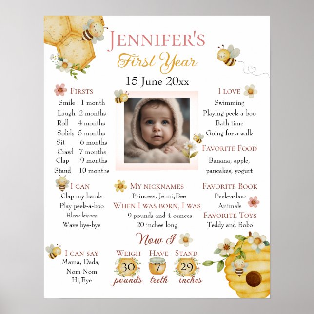 Póster Watercolor Bee First Birthday Milestone Poster (Frente)