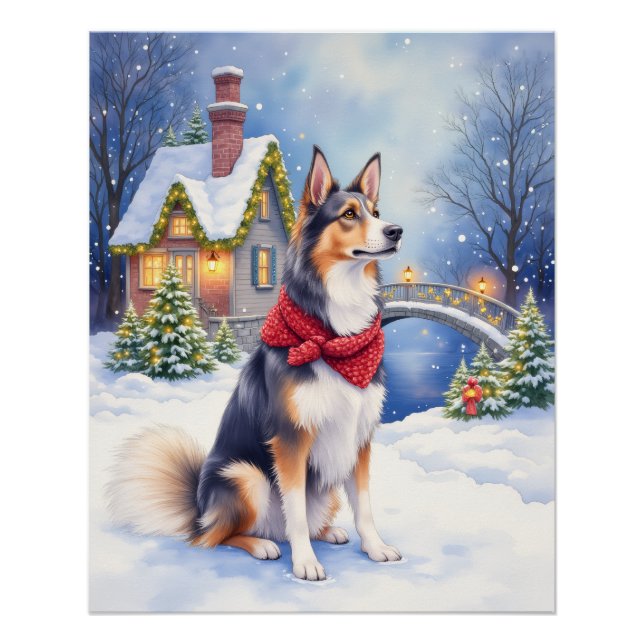 Póster Watercolor Belgian Sheepdog Winter Christmas (Anverso)